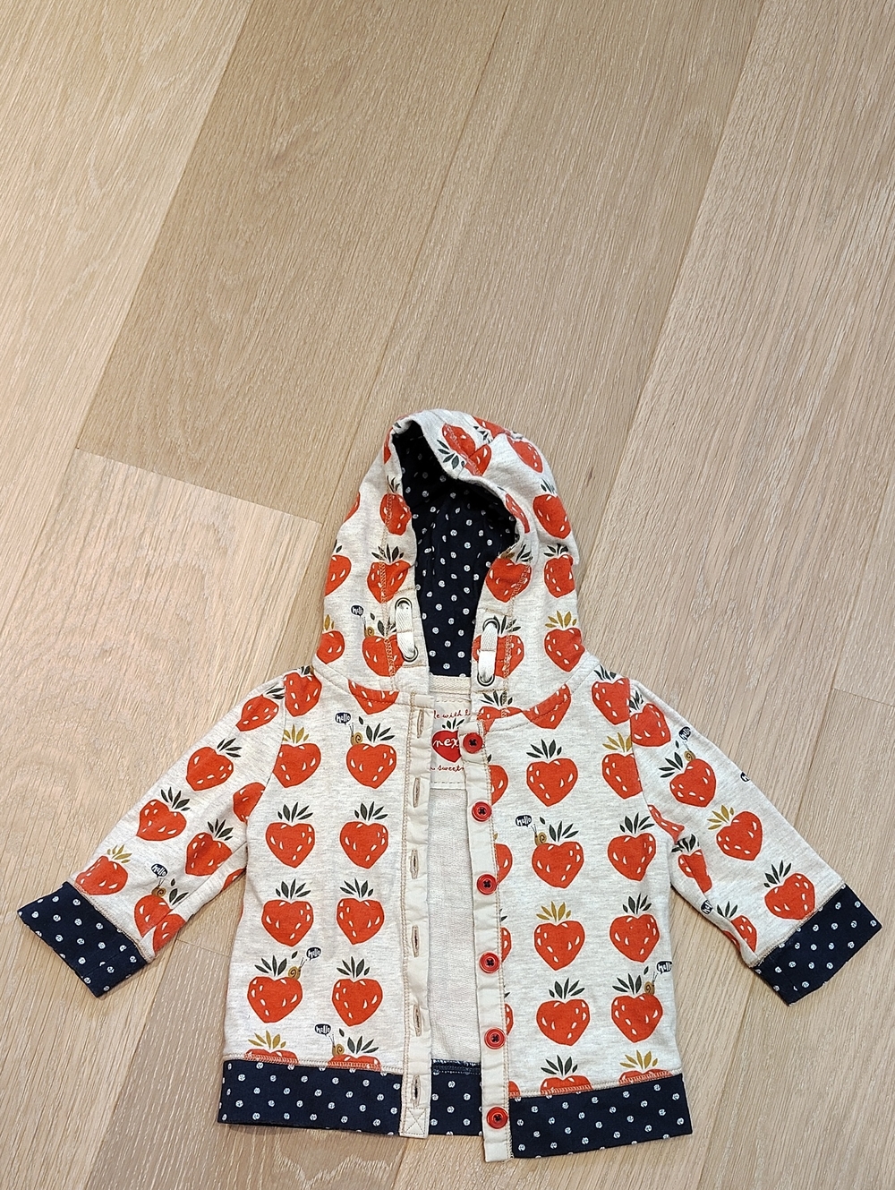 next Hooded Cardigan with Navy Polka Dot Trim and Red Strawberry Accent